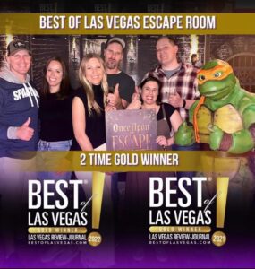 Fall is for family fun! Players posing for a photo after playing an adventure at Once Upon an Escape, 2-time Best Escape Room Gold winner for Best of Las Vegas.